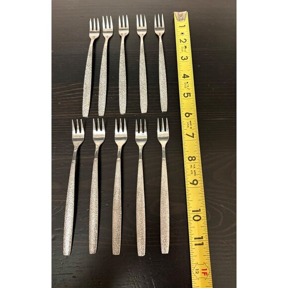 Set Of 10 Ekco Korea Stainless Steel Cocktail Seafood Forks 5.5" MCM Textured - Picture 6 of 7